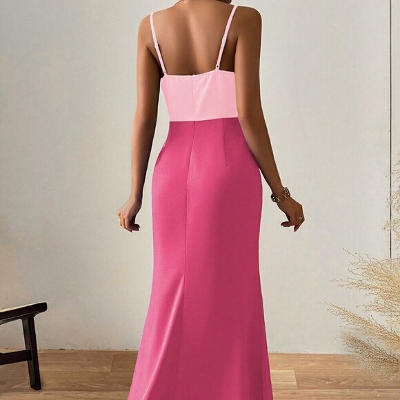 Multicolor Sexy Women's Summer Color Blocked Long Tail Spaghetti Strap Dress - Picture 3 of 8